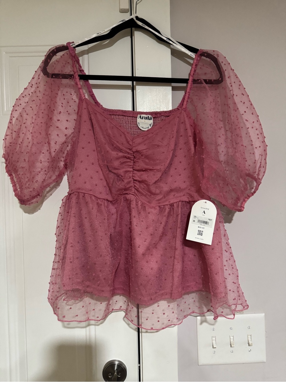 ARULA Rose Pink Swiss Dot Puff Sleeve Peplum Blouse